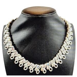 Vintage Coro 1950s Aurora Borealis Rhinestone Ribbon Link Necklace